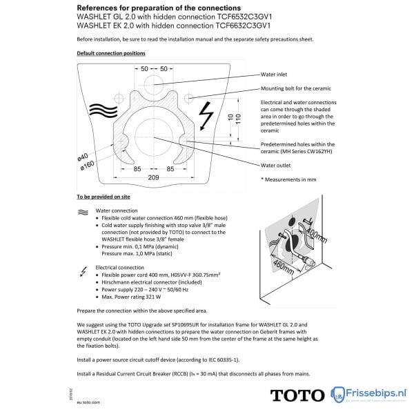 TOTO installatie tekening washlet ek 2 GL 2