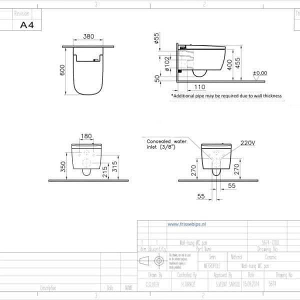 Vitra Vcare Technische tekening montage installatie frissebips