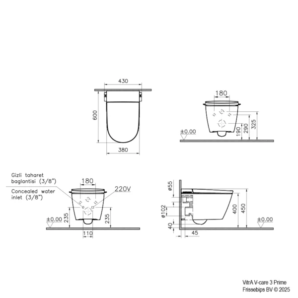 Vitra v care 3 prime technische tekening installatie