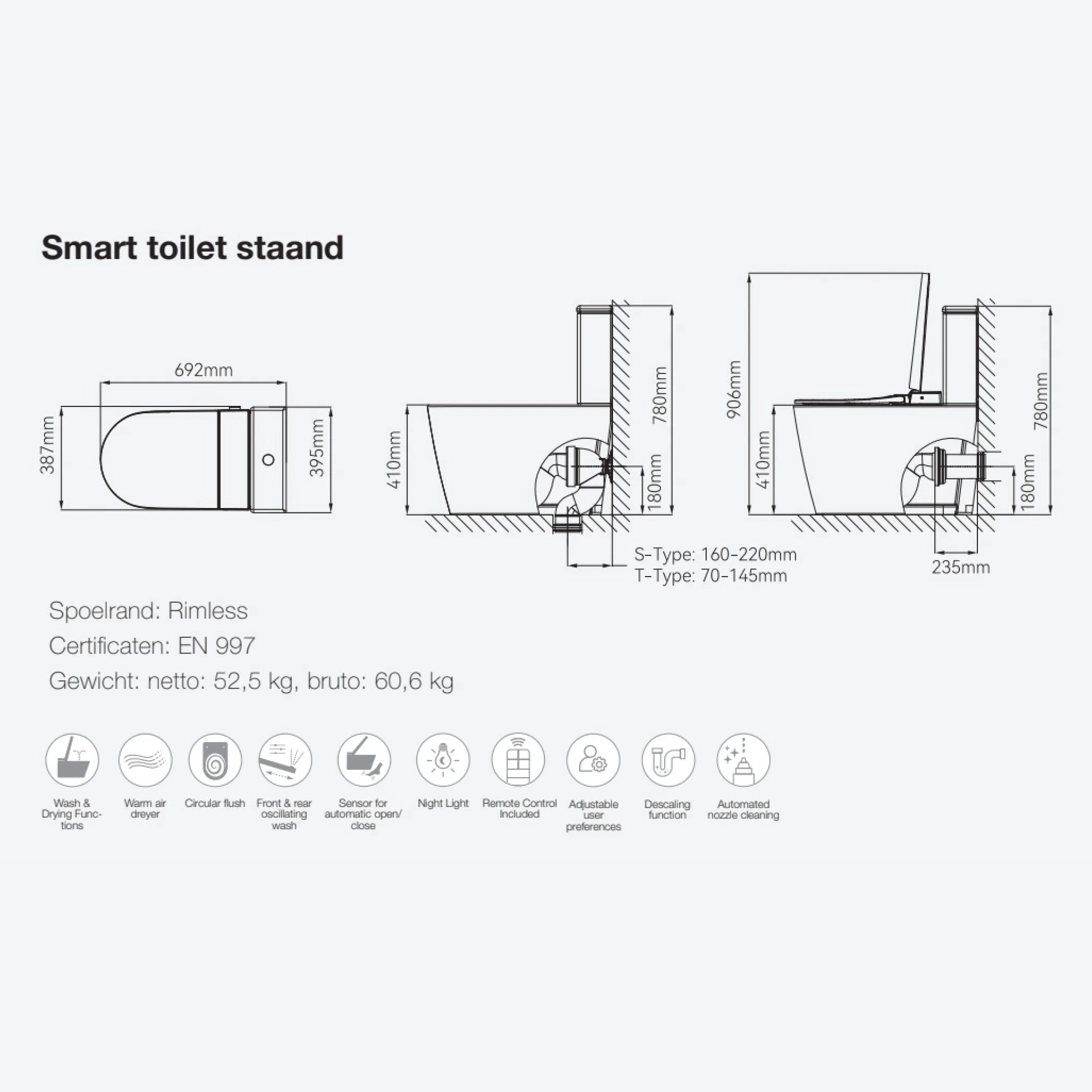 Pressalit SMART technische info staande toilet